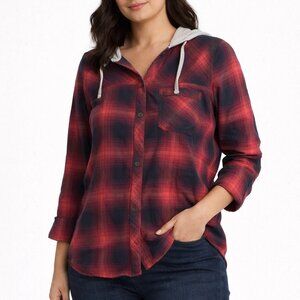 Eddie Bauer Red and Black Flannel Shirt with Hood Cozy Warm Outdoor Cottagecore